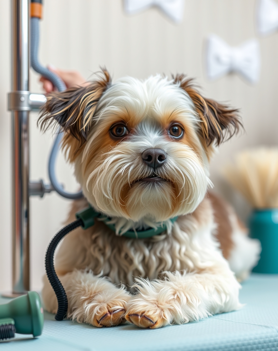 Pet groomer reminder card on a salon counter beside scissors and a booking clipboard