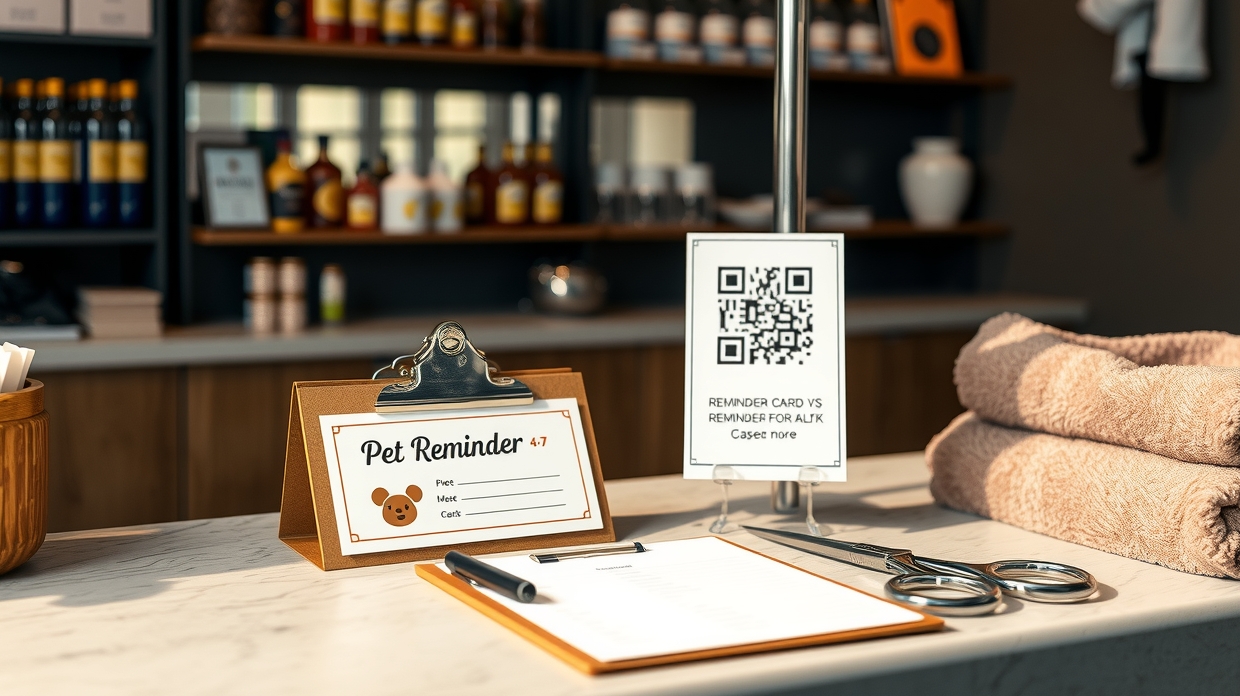 Stack of pet groomer reminder cards with QR code and rebooking message
