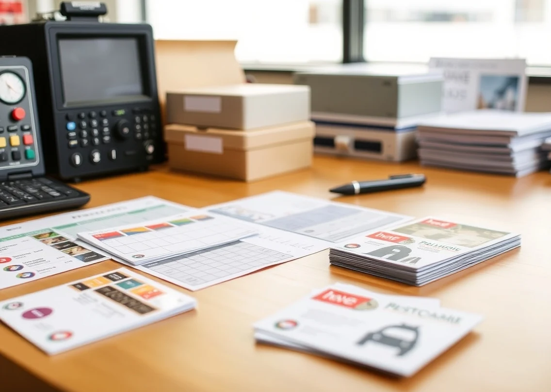 How Much Should Postcard Printing Cost Calculator Inputs Cost? A Real Budget Guide: a production planning desk with quantity tiers and sample cards spread out.