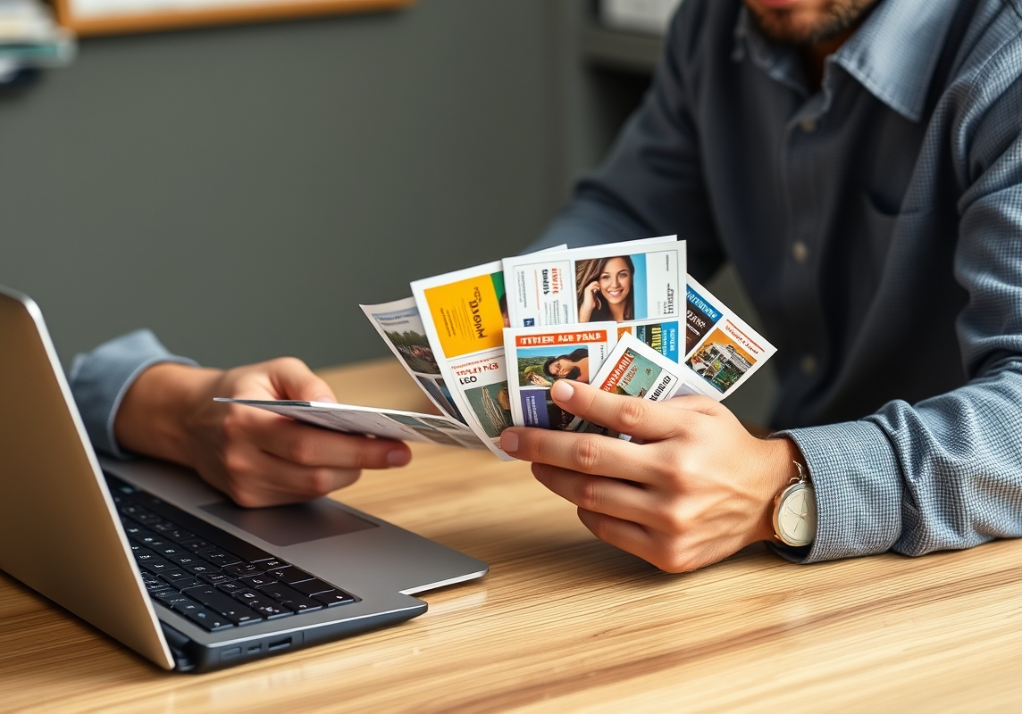 How Much Should Postcard Printing Cost Calculator Inputs Cost? A Real Budget Guide: a small business owner reviewing postcard samples beside a calculator and a laptop.