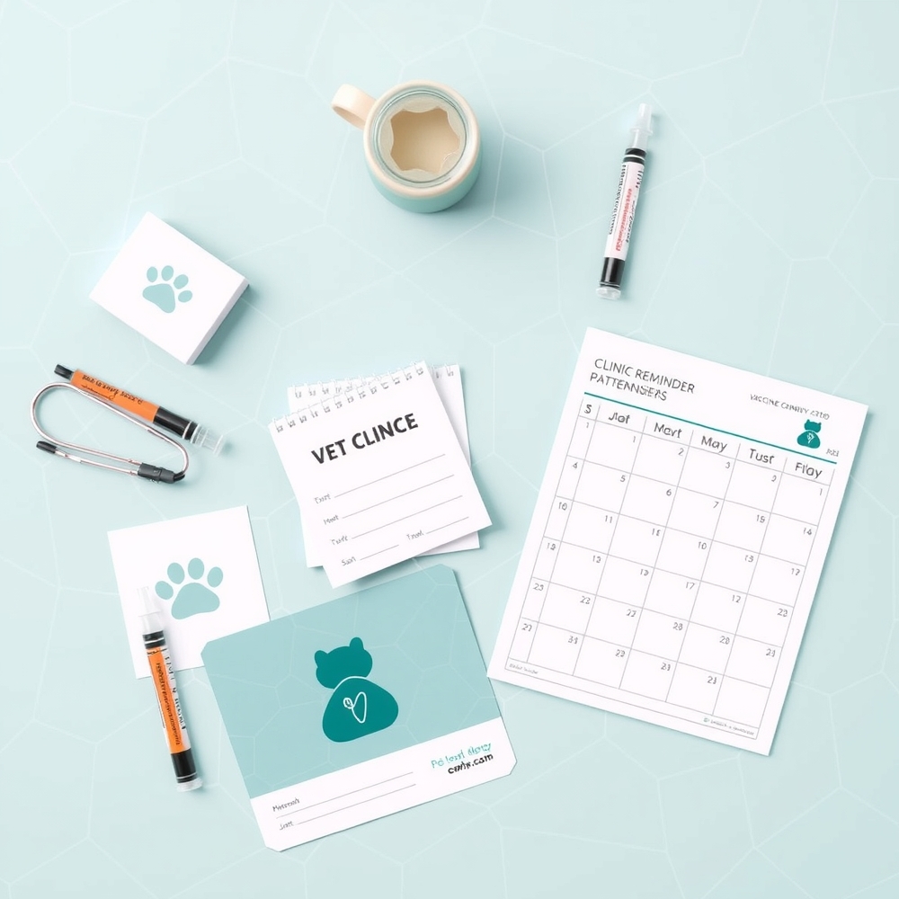 Vet receptionist holding a recall postcard for a pet owner