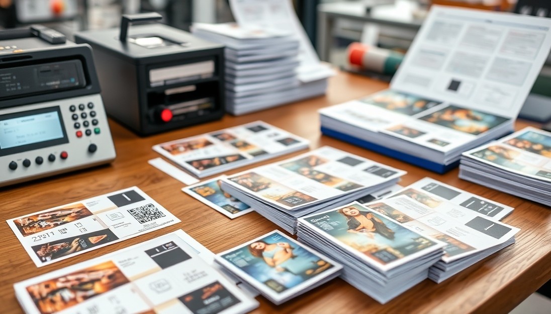 Online Vs Local Postcard Printing Prices: What Changes the Price and What Saves Money: a production planning desk with quantity tiers and sample cards spread out.