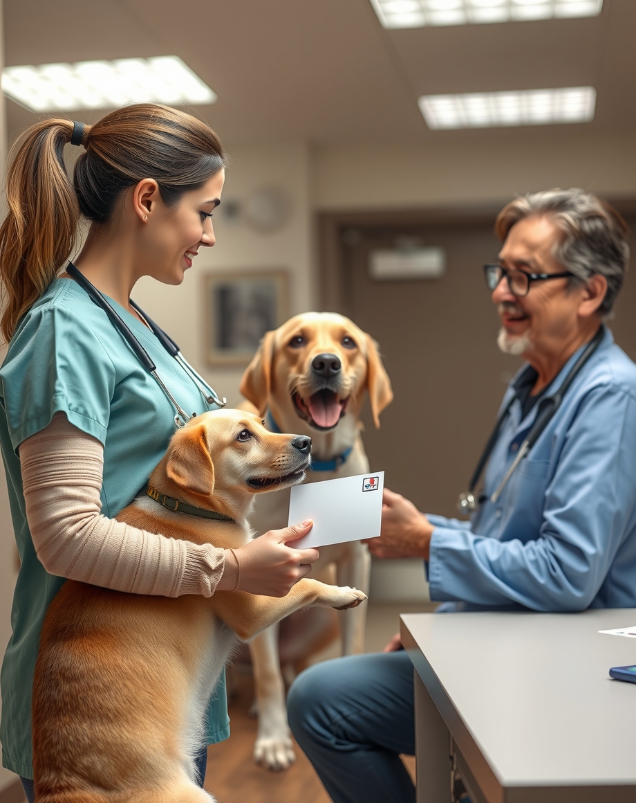 vet receptionist holding pet