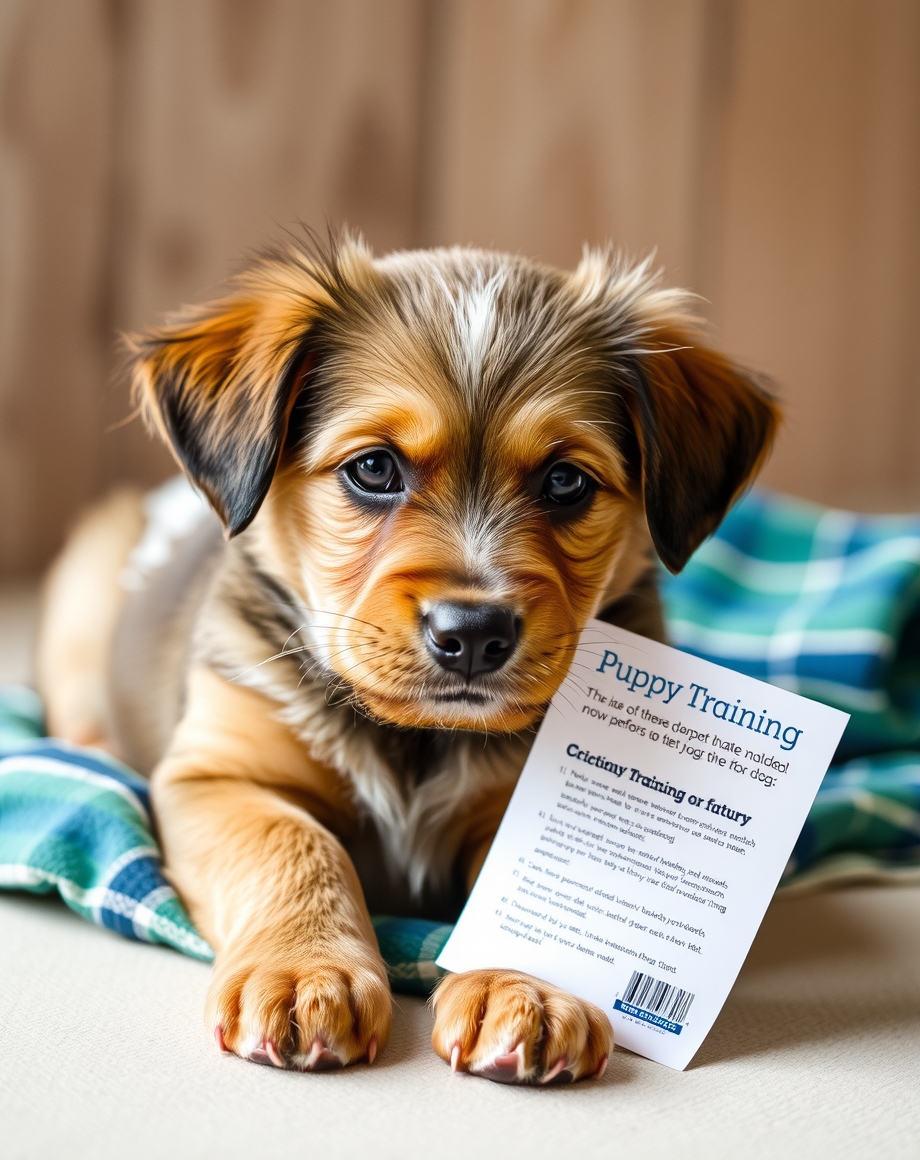 Puppy training handout next to treats and a leash on a clean desk