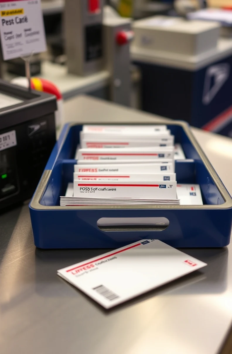 Turnaround Speed Effect On Postcard Pricing: What Changes the Price and What Saves Money: a USPS tray holding postcard mail pieces at a counter.