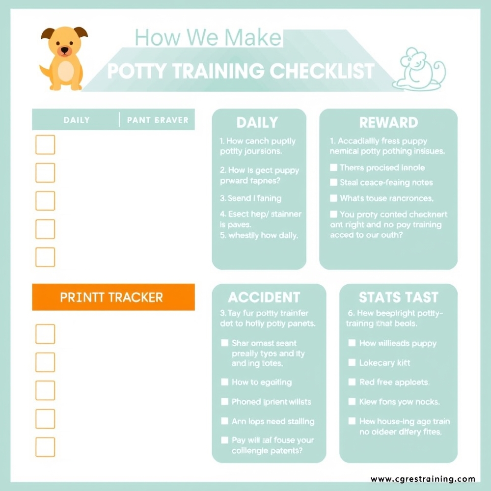 Pet parent checking off a house training chart with a puppy nearby