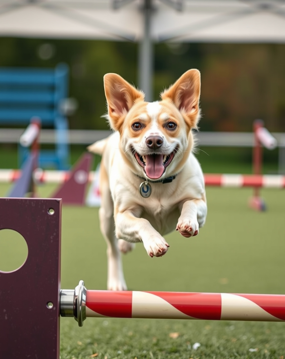 Agility event flyer on a clubhouse table with ribbons