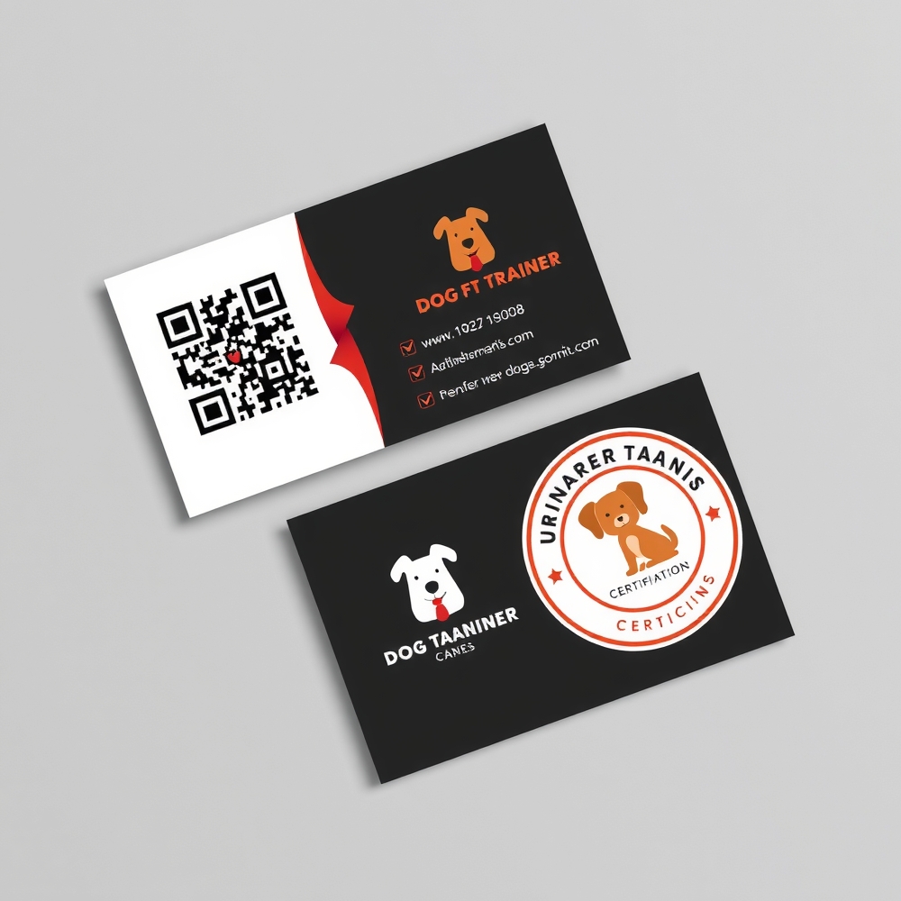 Square dog trainer card with QR code and certification badges