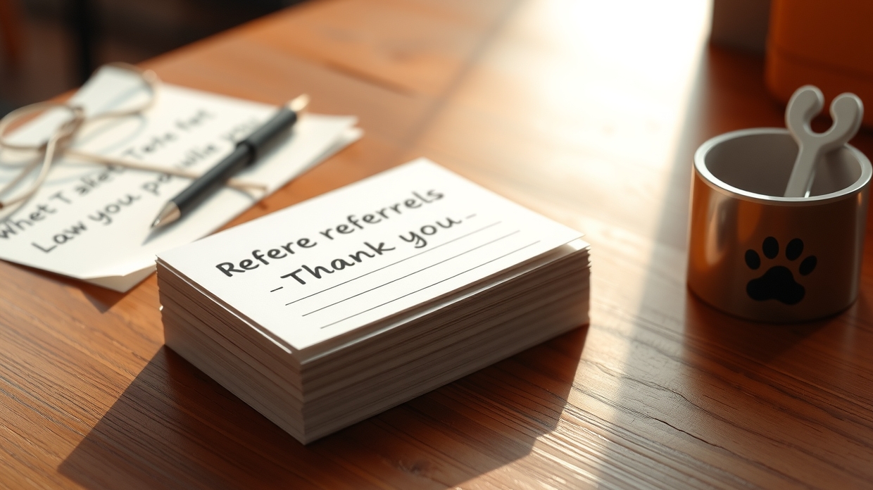 Happy client handing a referral card to a friend in a park