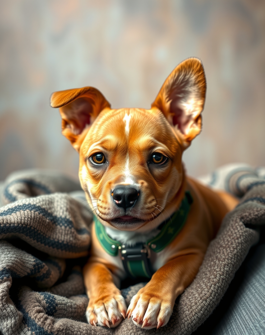 Premium pet brand cards with breed-inspired imagery on a studio table