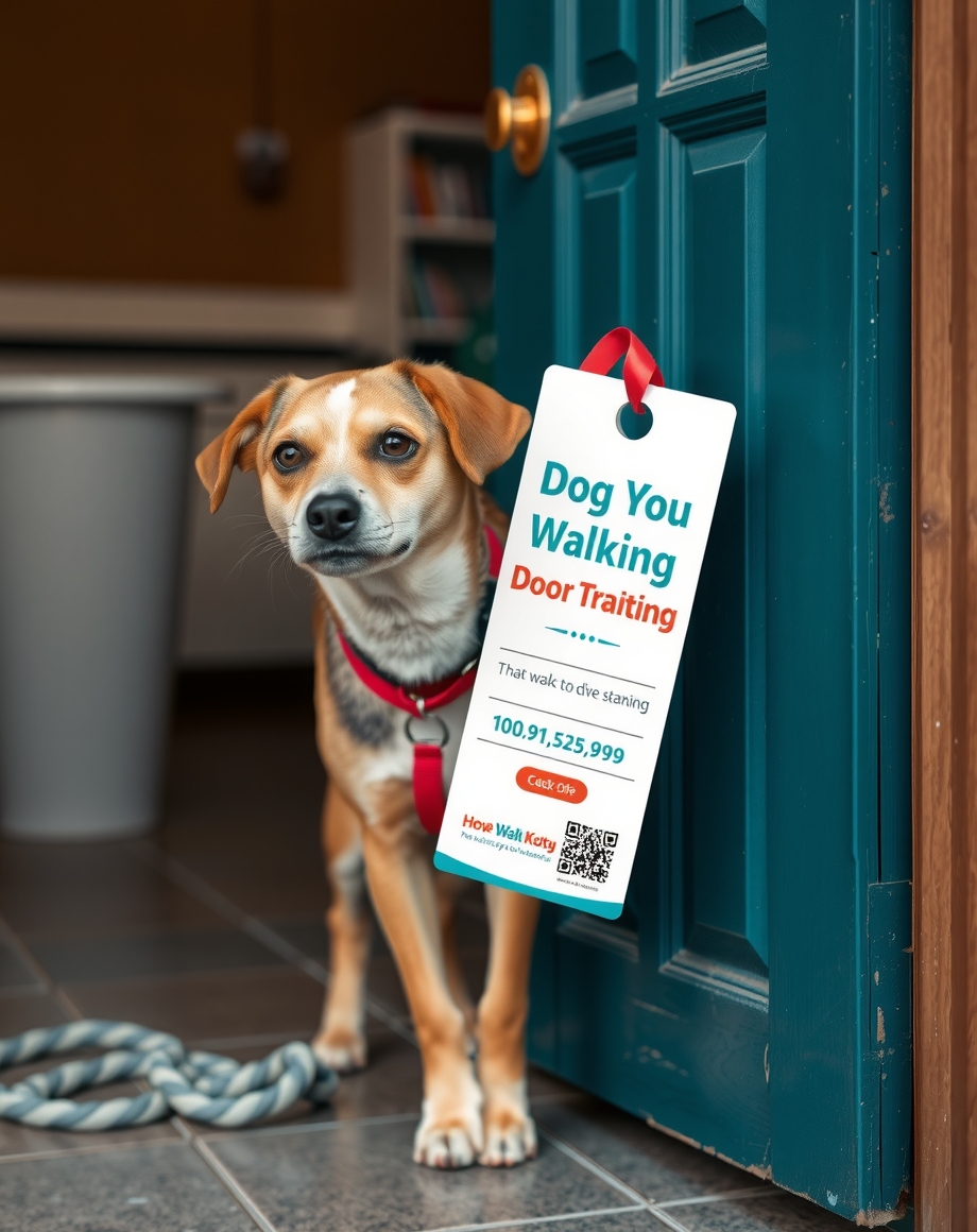 Dog walking door hanger on a suburban front door
