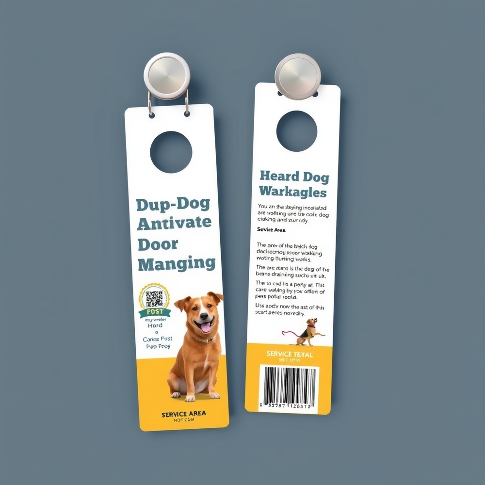 Dog walker carrying branded door hangers on a neighborhood route