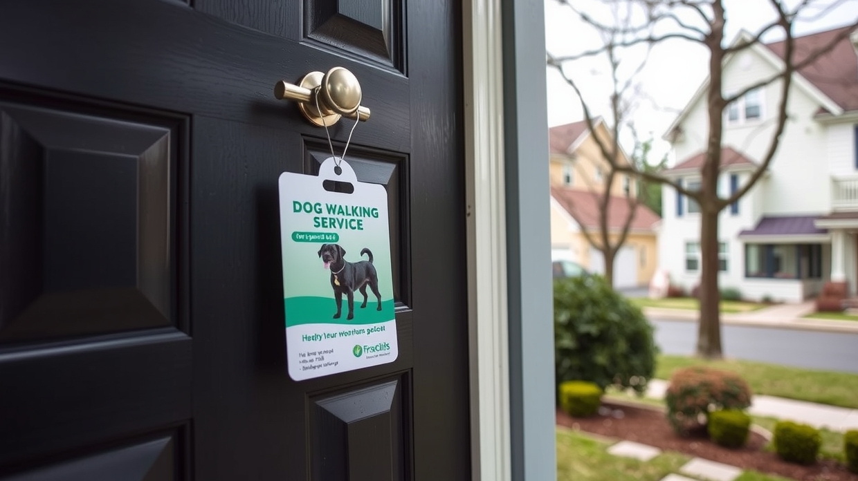 Door hanger design for dog walking services with QR code