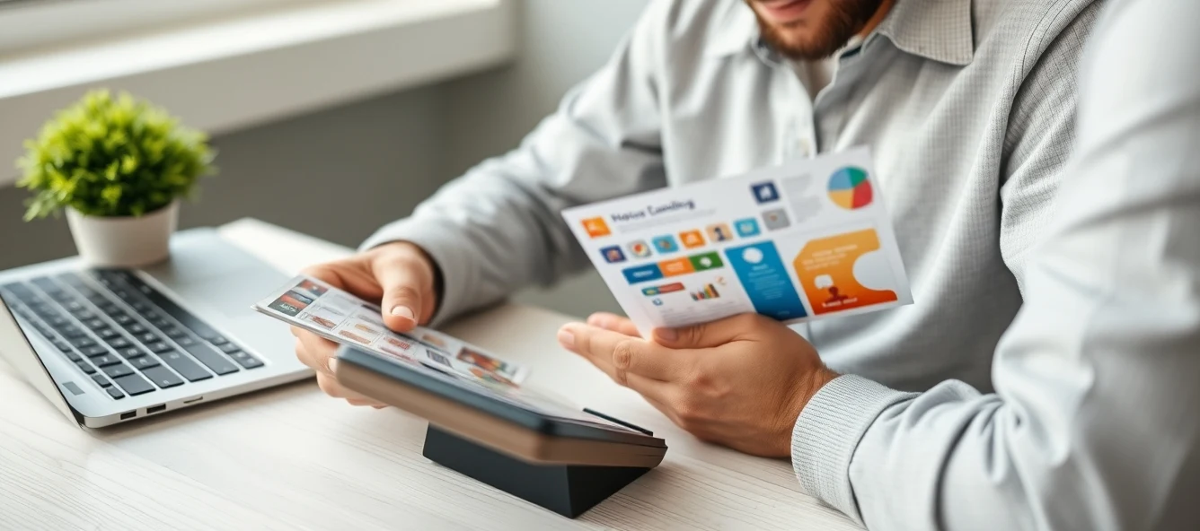 How Much Should Budget Planning For Awareness Postcards Cost? A Real Budget Guide: a small business owner reviewing postcard samples beside a calculator and a laptop.