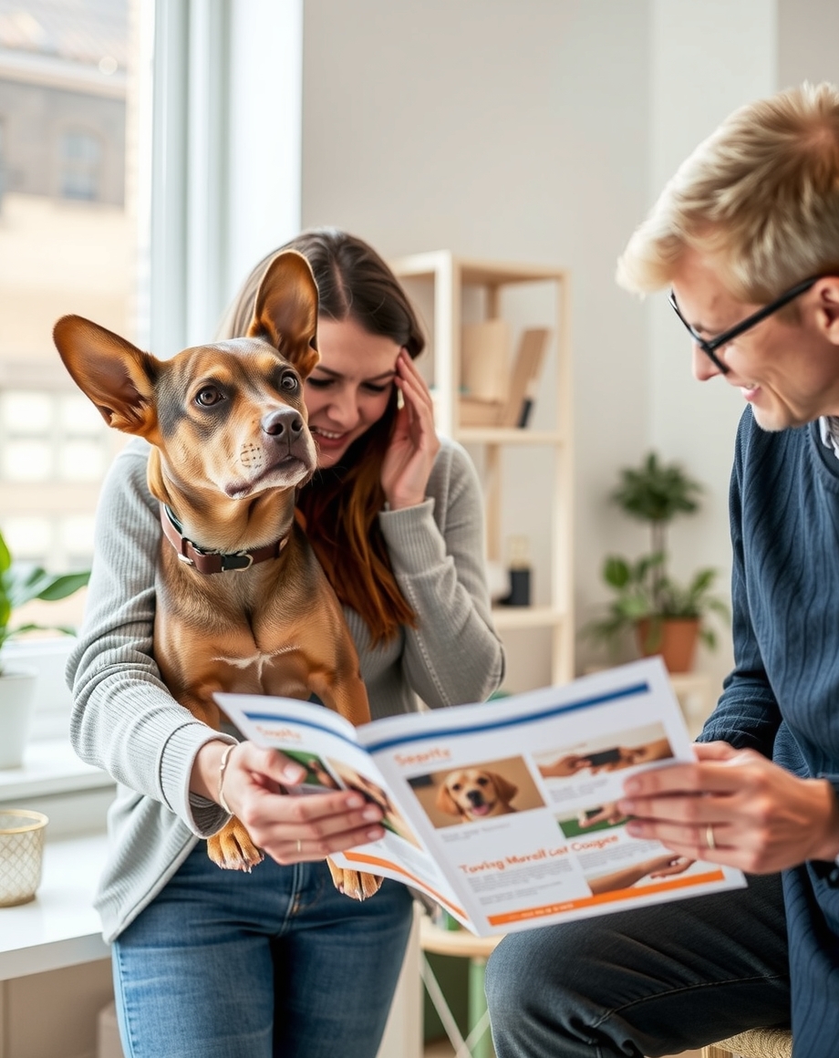 Behavior consultant explaining a flyer to a worried owner