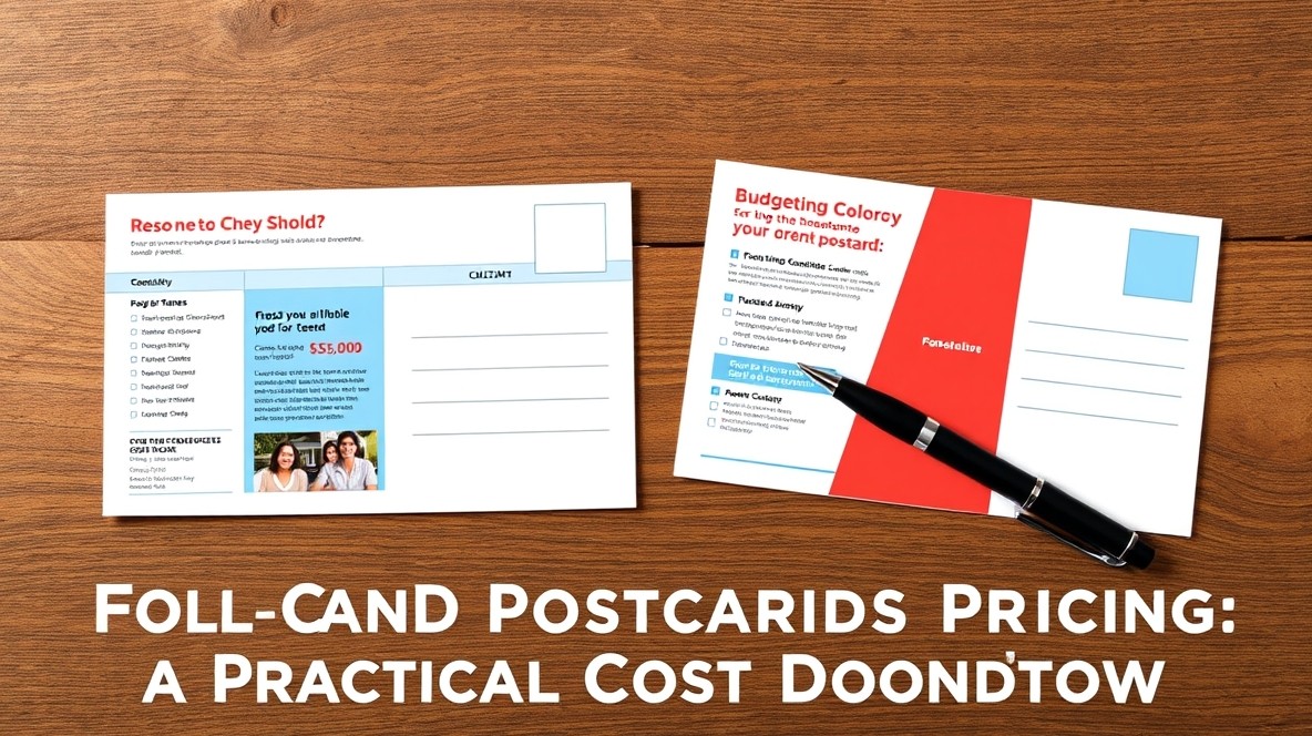 Budgeting Full Color Front And Back Postcard Pricing: A Practical Cost Breakdown: two postcard samples side by side with a calculator and pen for cost comparison.