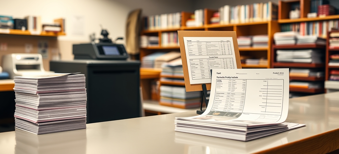 How Much Should Front Only Vs Double Sided Postcard Printing Cost? A Real Budget Guide: a print shop counter scene with stacked postcards, paper swatches, and a quote sheet.