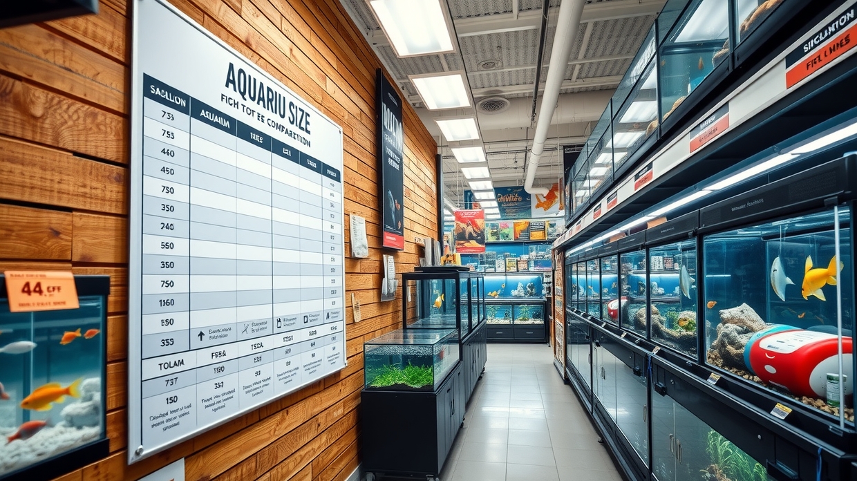 Store employee explaining aquarium sizes to a customer