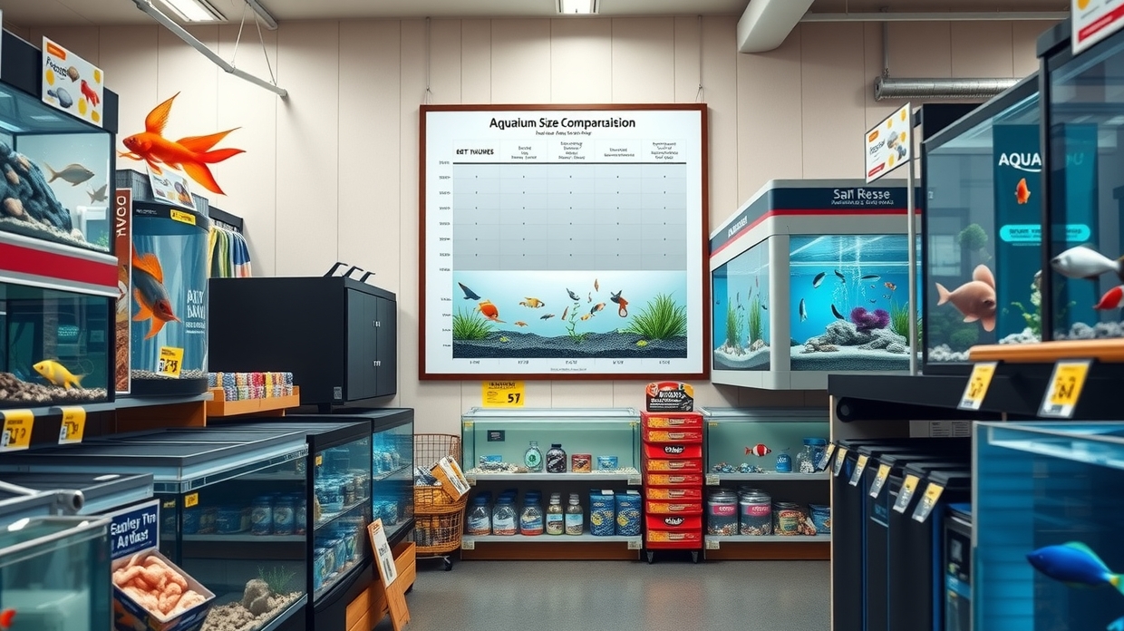 Fish tank gallon comparison poster with clean labels
