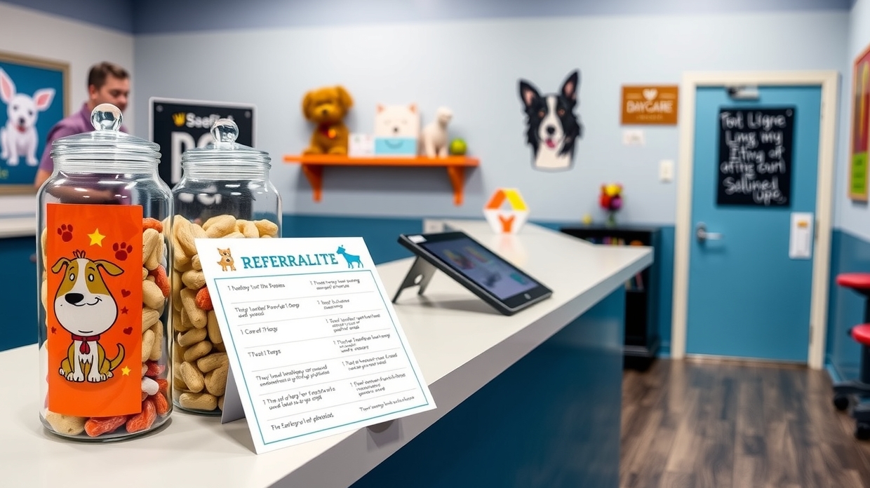 Dog daycare referral flyer with playtime and booking details