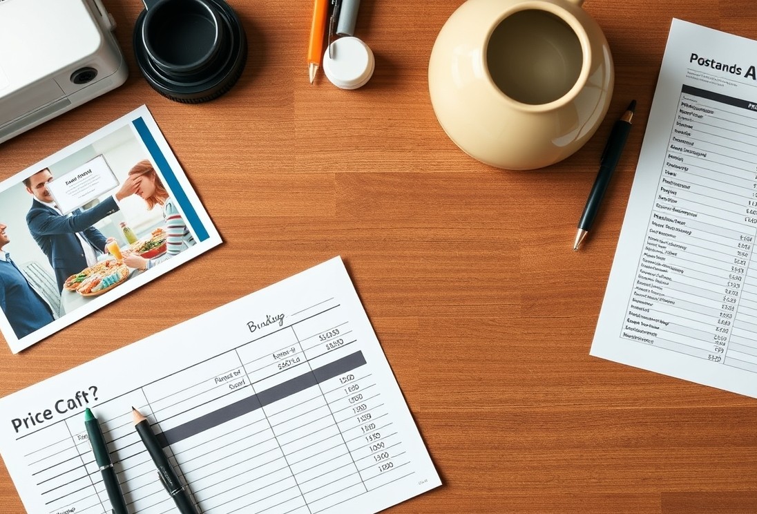 Budgeting Digital Vs Offset Postcard Printing Cost: A Practical Cost Breakdown: an overhead desk layout with postcard proofs, handwritten budget notes, and a price sheet.