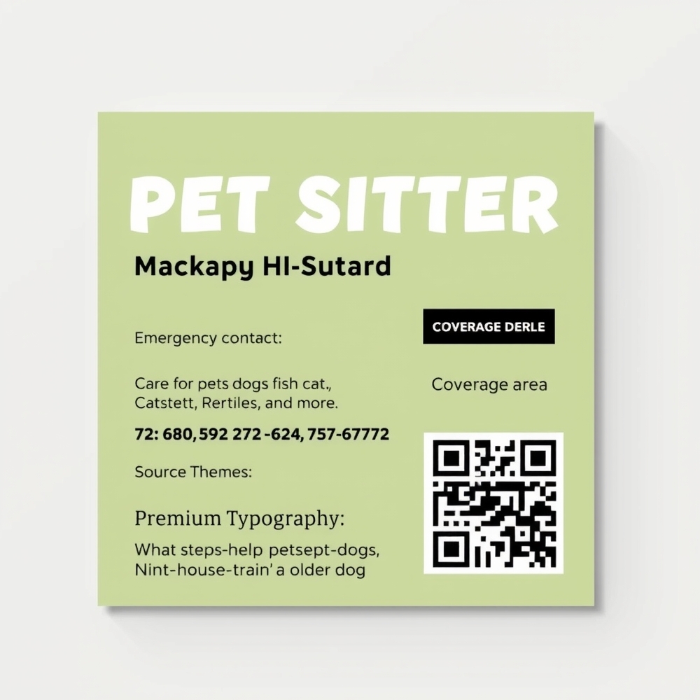 Wallet-size pet sitter card with emergency contact and QR code