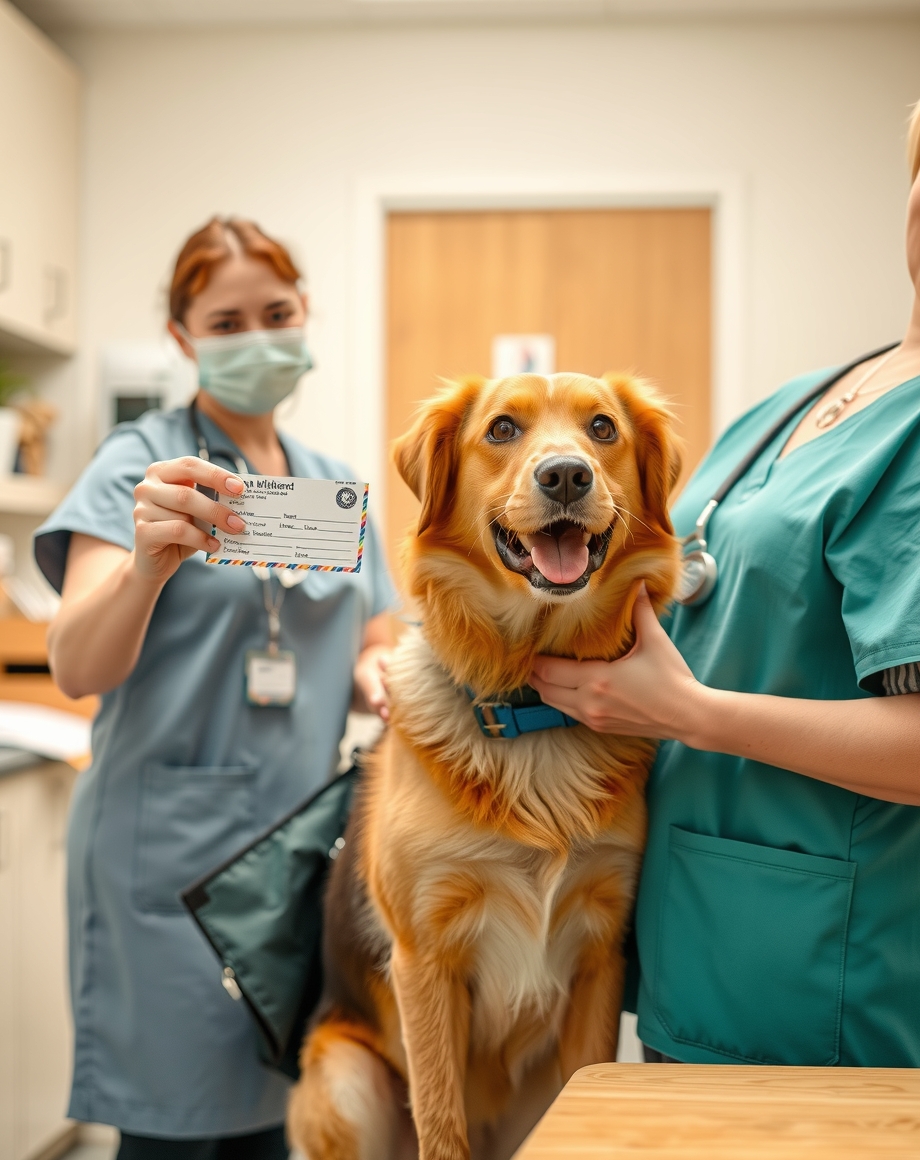 Receptionist handing an appointment card to a pet owner