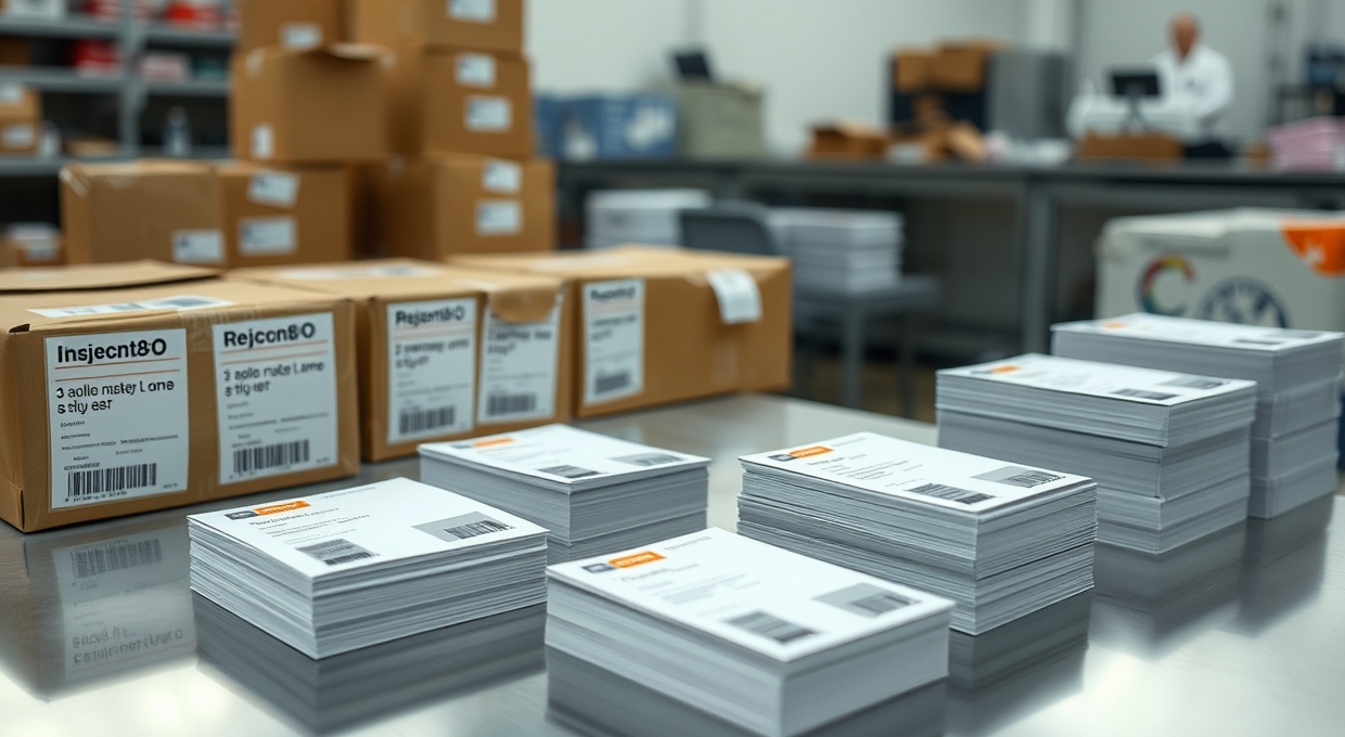 Startup Launch Postcard Budget Planning: What Changes the Price and What Saves Money: a packaging table showing order quantities and shipping labels alongside postcard stacks.