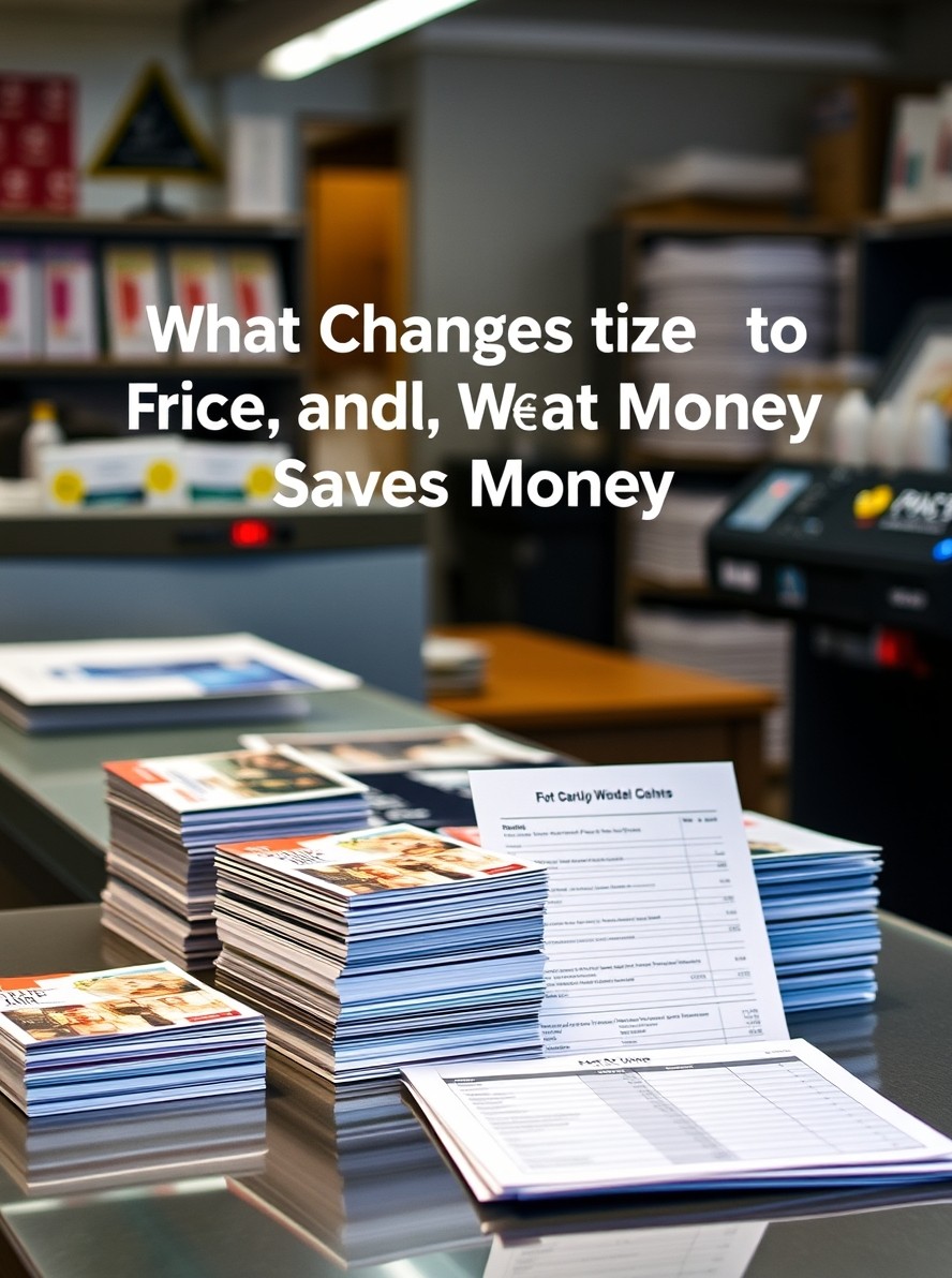 Startup Launch Postcard Budget Planning: What Changes the Price and What Saves Money: a print shop counter scene with stacked postcards, paper swatches, and a quote sheet.