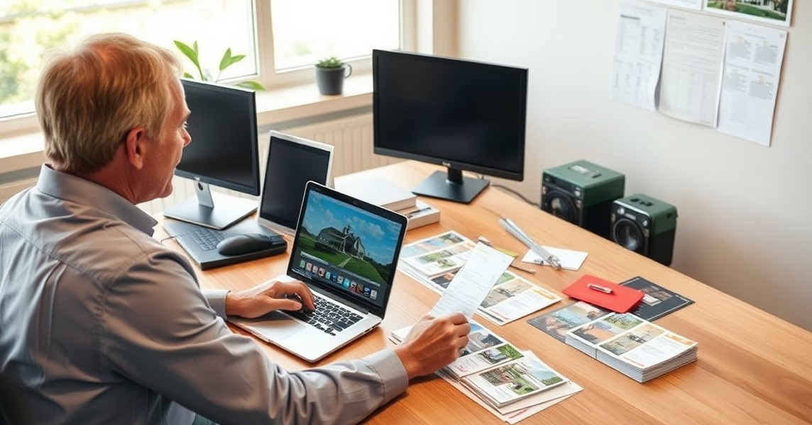Real Estate Farm Area Postcard Budget: What Changes the Price and What Saves Money: a real estate agent planning a direct mail postcard at a workstation with a laptop and sample cards.