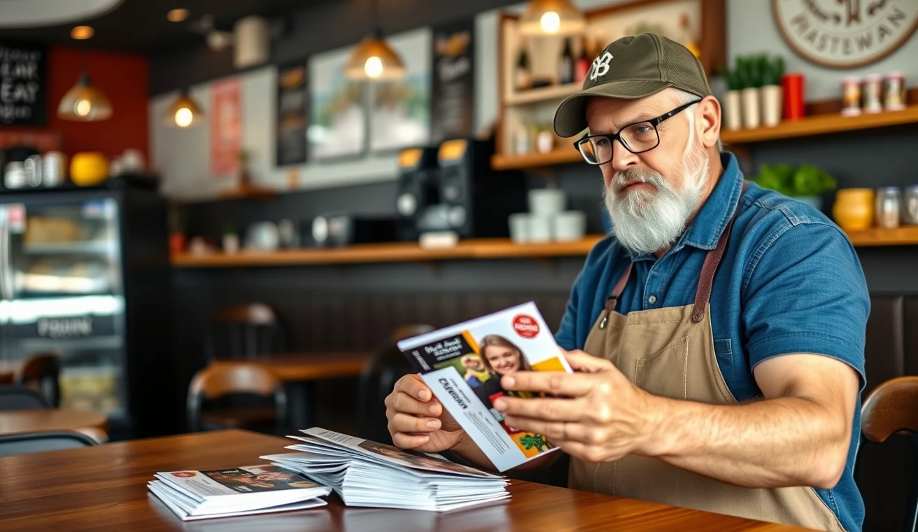 Budgeting Restaurant Weekly Offer Postcard Budget: A Practical Cost Breakdown: a restaurant owner arranging postcard samples near the business setting.