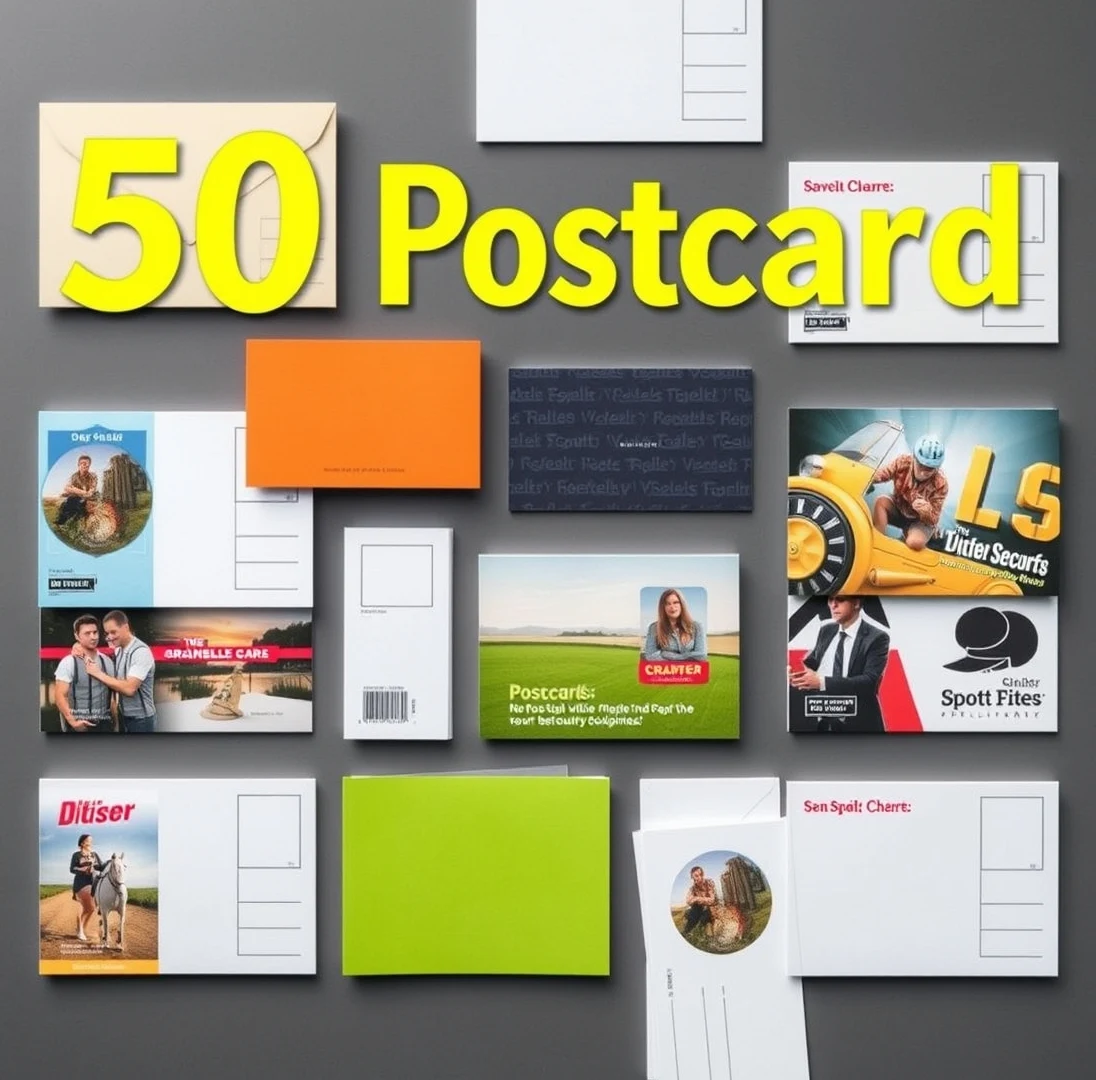 Small Postcard Order Strategy: overhead view of a small postcard batch next to a cost-per-unit comparison chart on paper.