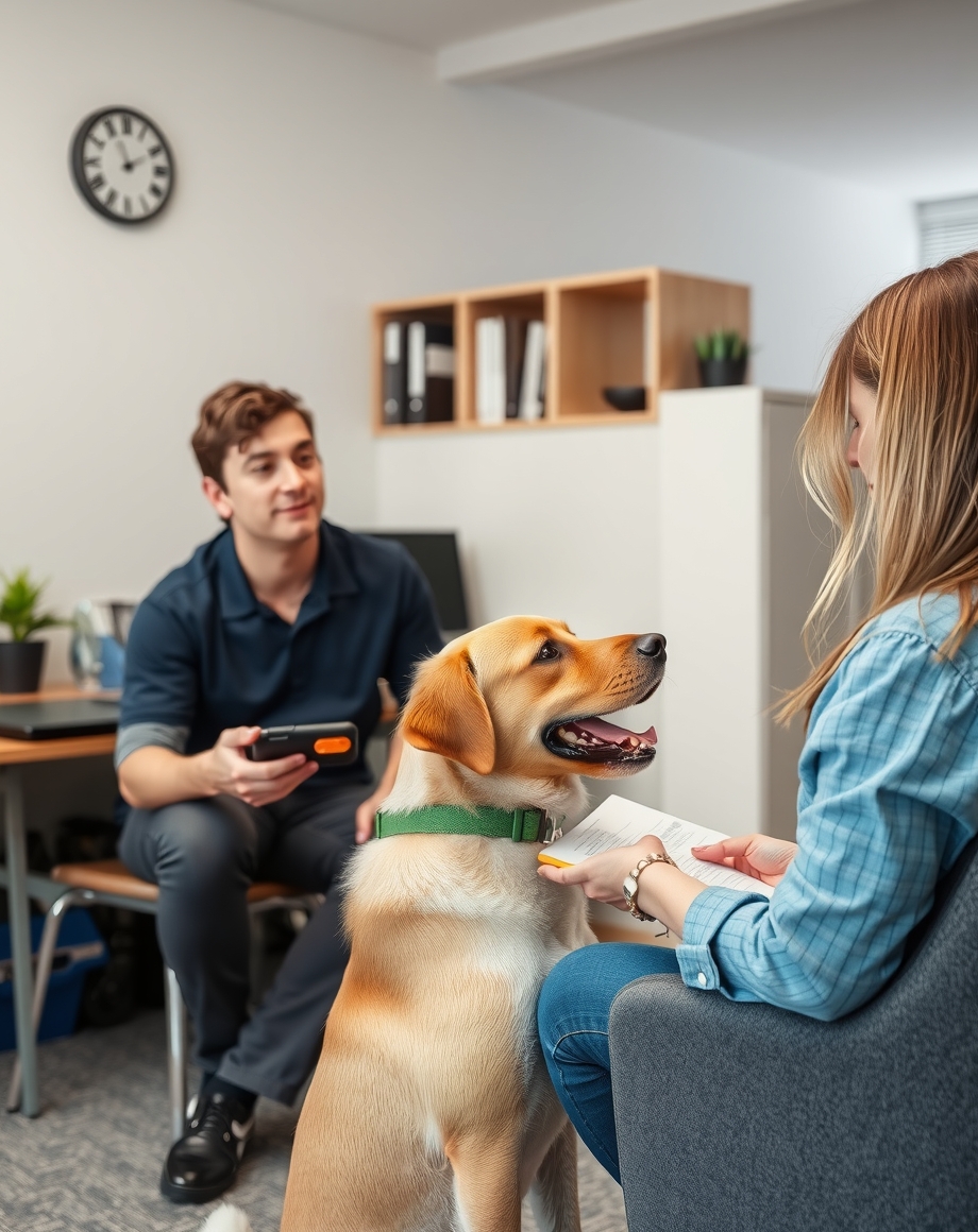 Dog trainer discussing equipment options with a client