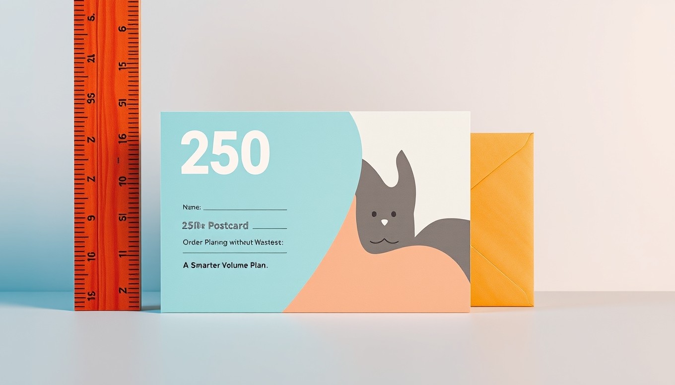 250 Postcard Order Planning Without Waste: A Smarter Volume Plan: a postcard standing next to a ruler and envelope to show scale.