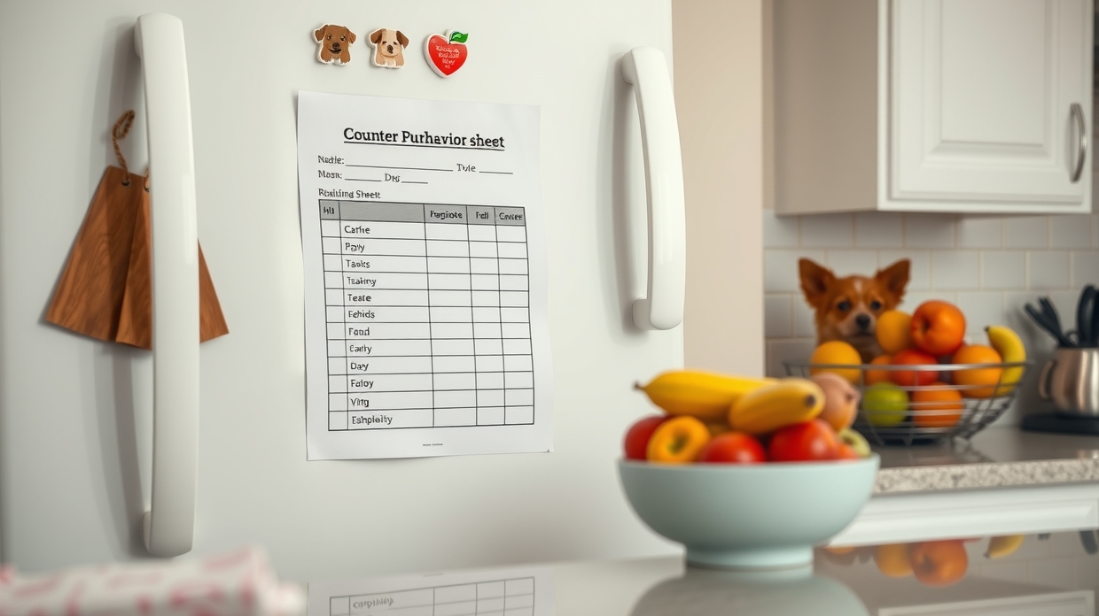 Puppy owner reading a kitchen behavior sheet near the counter