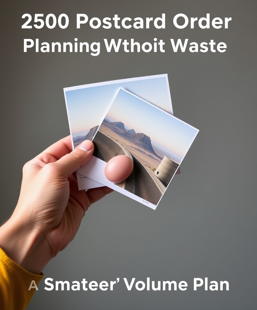 2500 Postcard Order Planning Without Waste: A Smarter Volume Plan: a hand holding two postcards of different sizes at the same time.