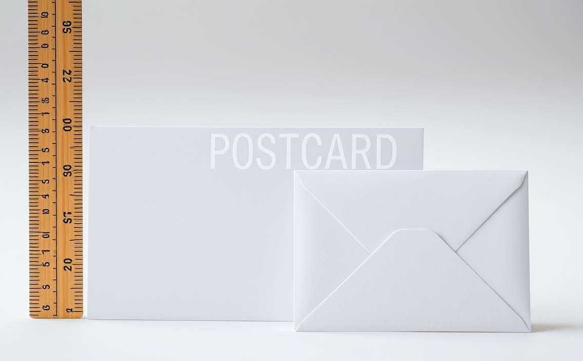 When 10000 Postcard Order Planning Makes Sense And When It Does Not: a postcard standing next to a ruler and envelope to show scale.