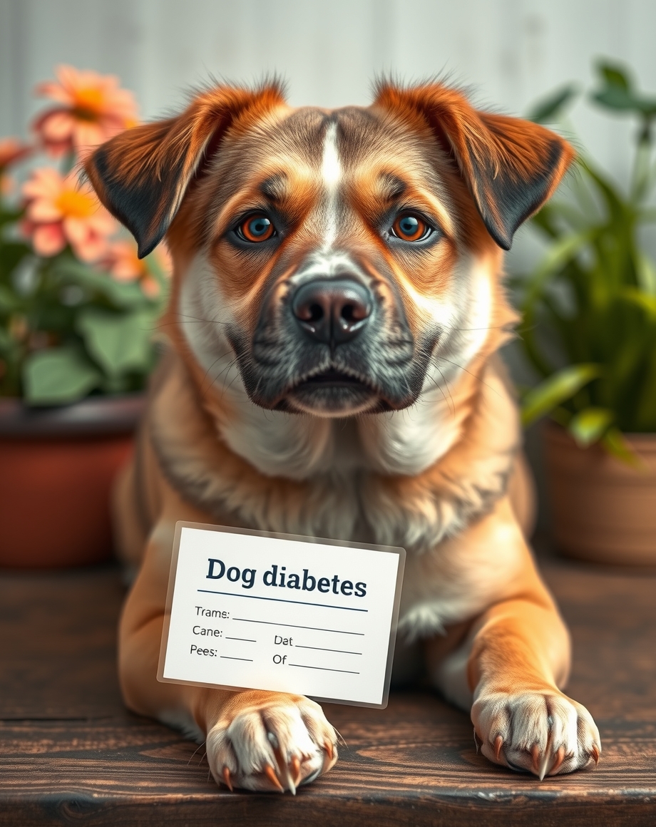 Dog diabetes reminder card beside medication and food bowls