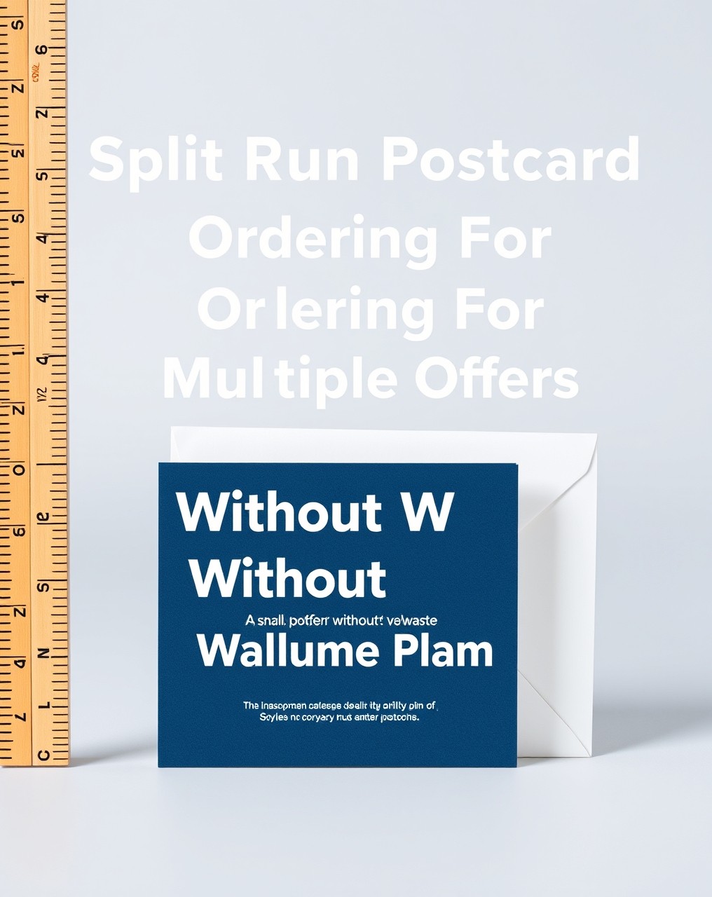 Split Run Postcard Ordering For Multiple Offers Without Waste: A Smarter Volume Plan: a postcard standing next to a ruler and envelope to show scale.