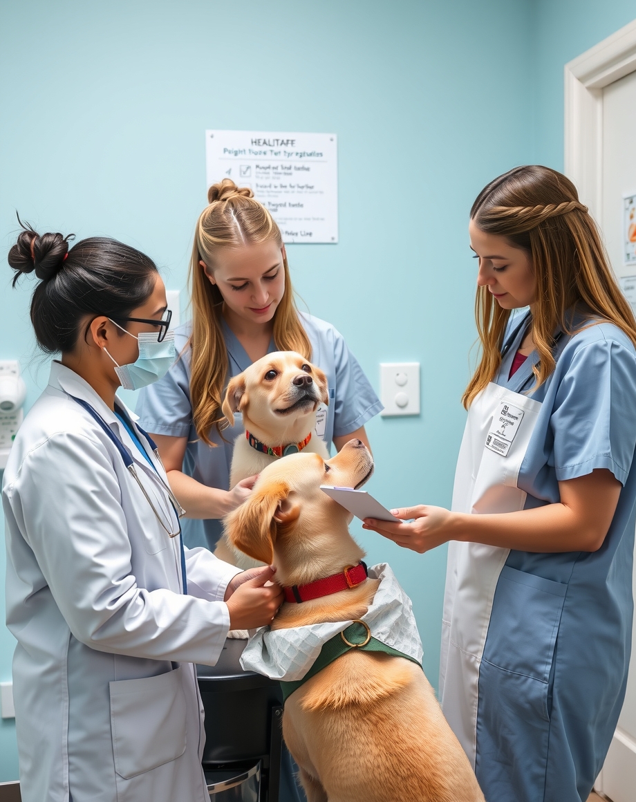 vet staff reviewing pet