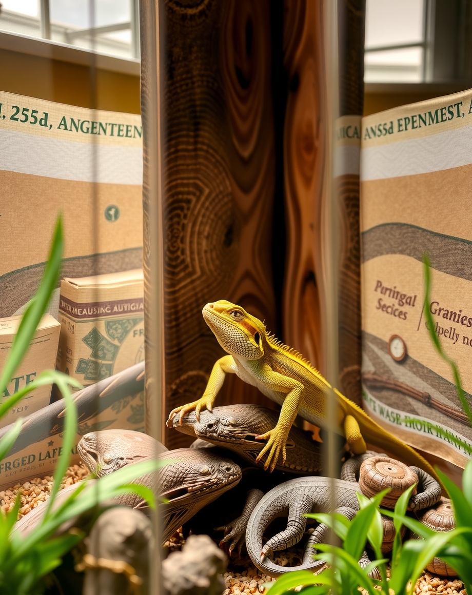 Reptile habitat setup poster mounted in a pet shop reptile section
