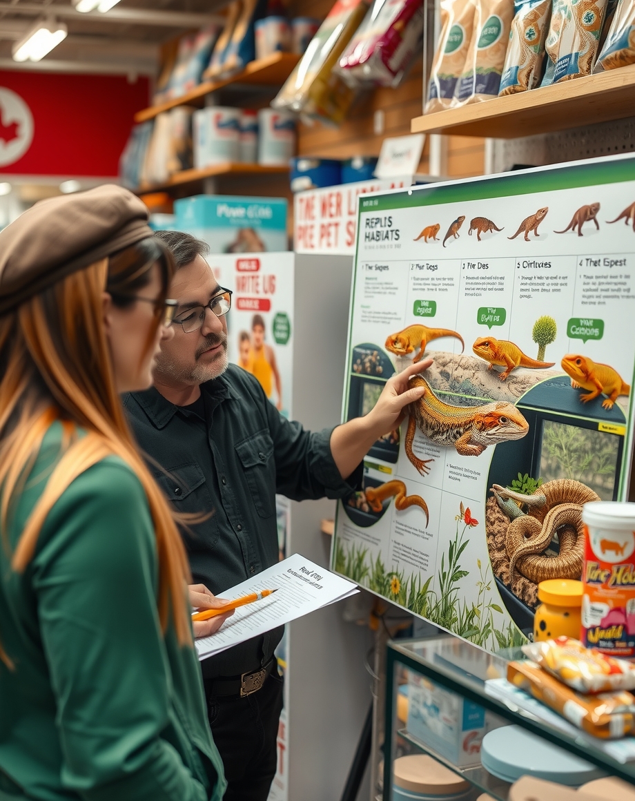 Store associate explaining reptile habitat poster details