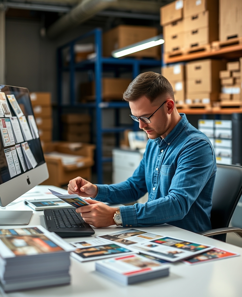 Warehouse Storage Vs Just In Time Postcard Ordering: The Best Quantity Strategy for Better Unit Costs: a designer reviewing format options on a clean desk with sample cards.