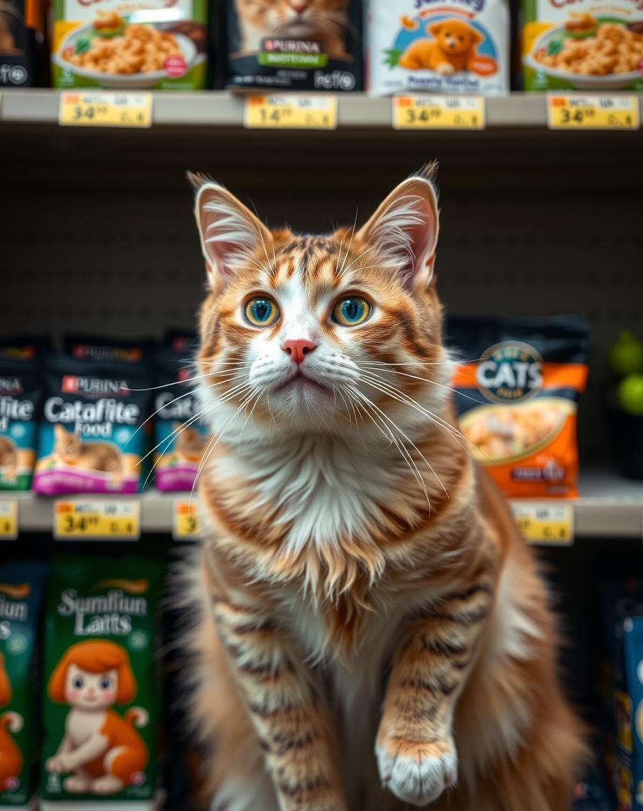 Cat nutrition shelf talker on a pet store shelf edge
