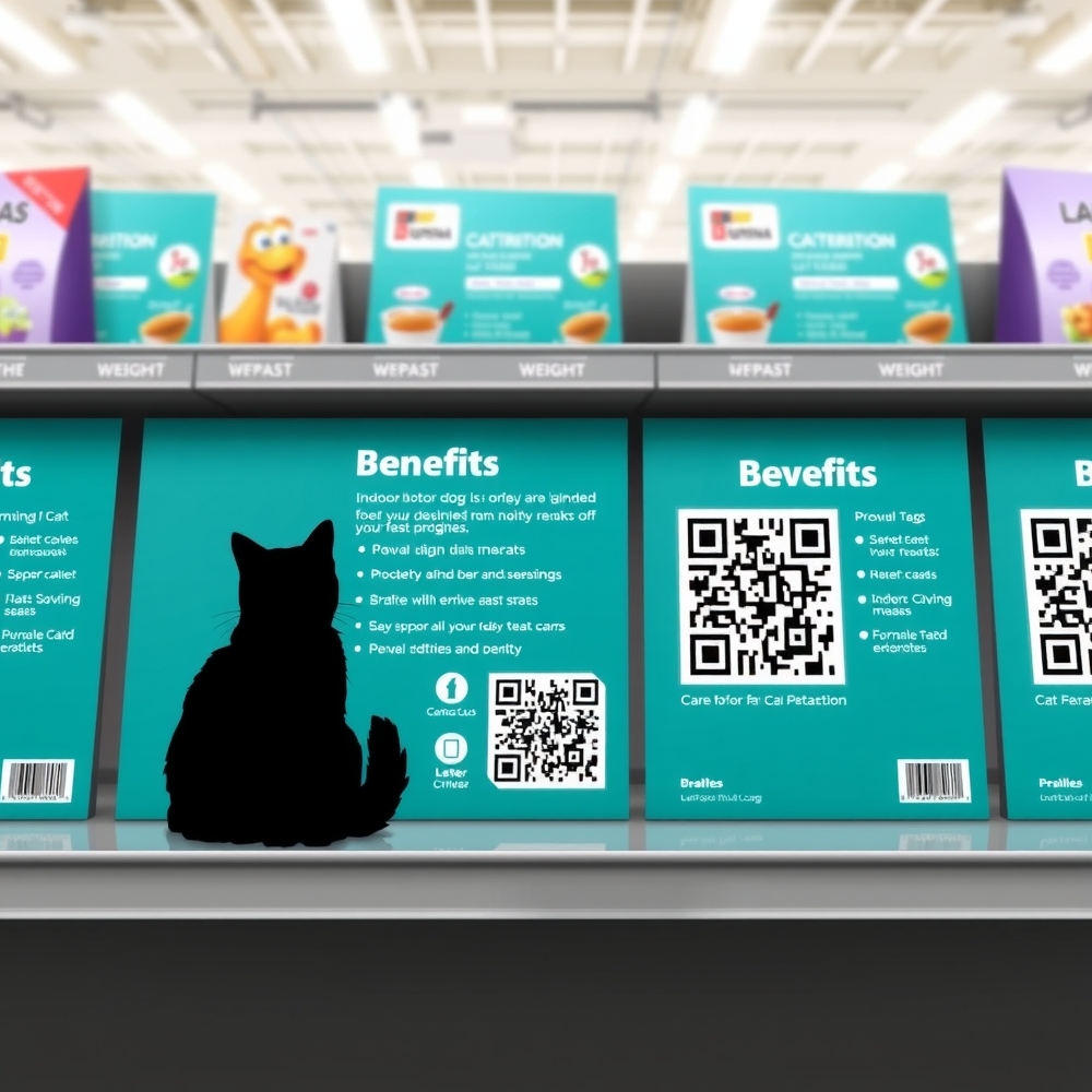 Store employee explaining a cat nutrition sign to a shopper