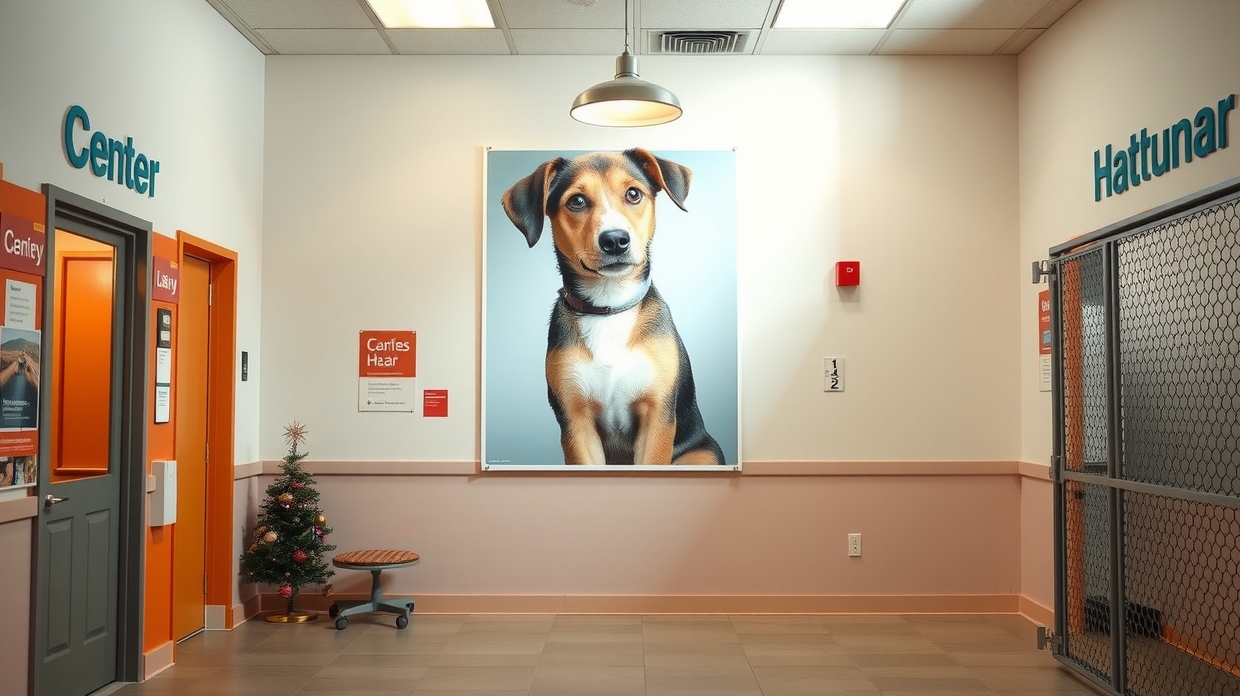 Volunteer placing an adoption poster on a shelter wall