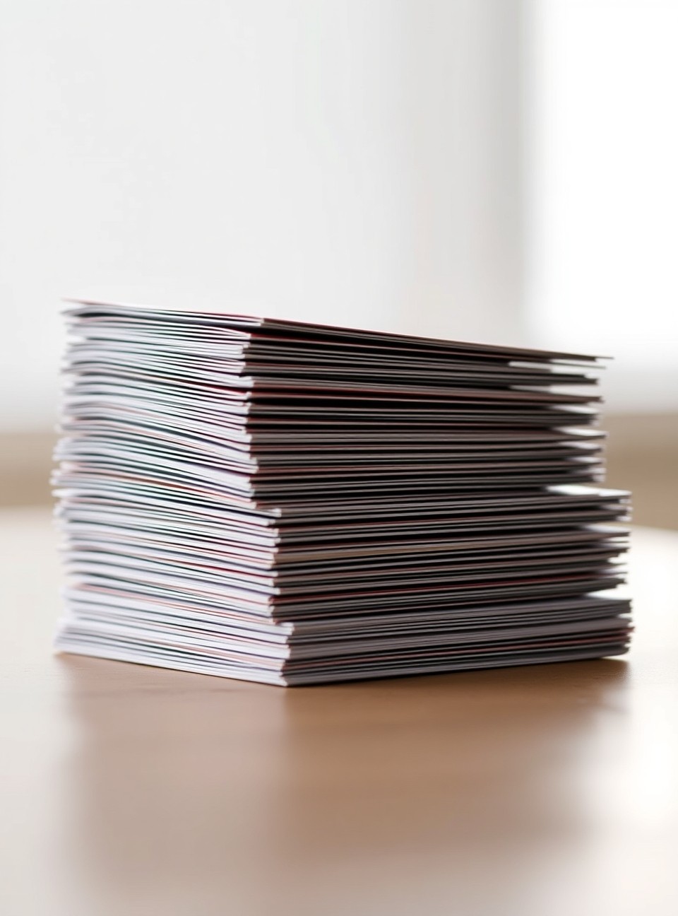 When List Hygiene Savings On Bulk Postcard Orders Makes Sense And When It Does Not: a stack of postcard sizes arranged in ascending order on a tabletop.