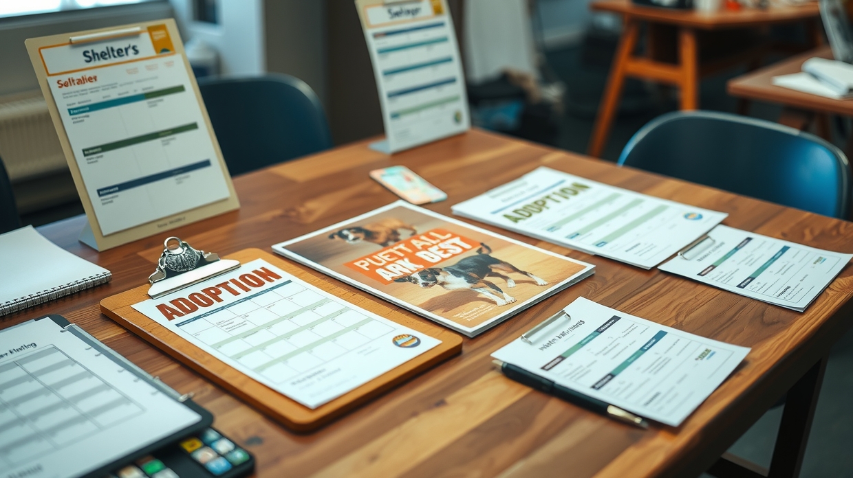 Volunteer holding a postcard while setting up an adoption event
