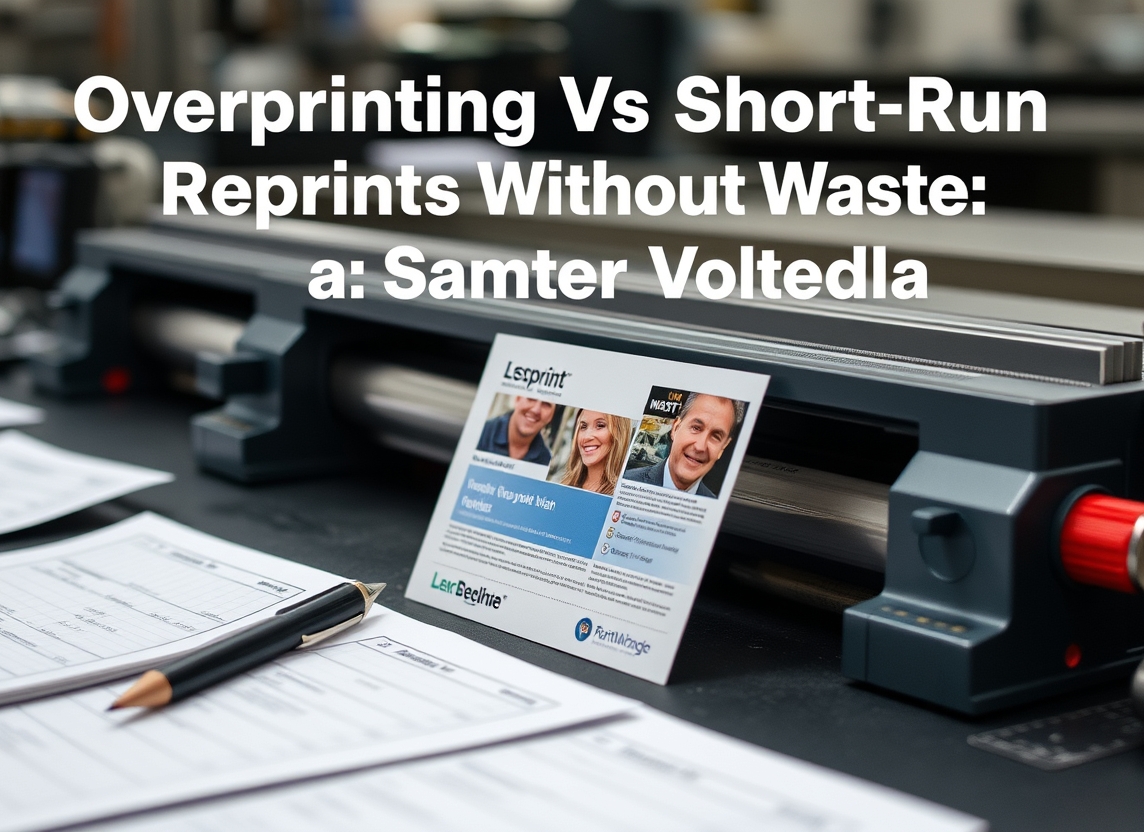 Overprinting Vs Short Run Reprints Without Waste: A Smarter Volume Plan: a reprint-prevention scene with notes, proofs, and a finished postcard.