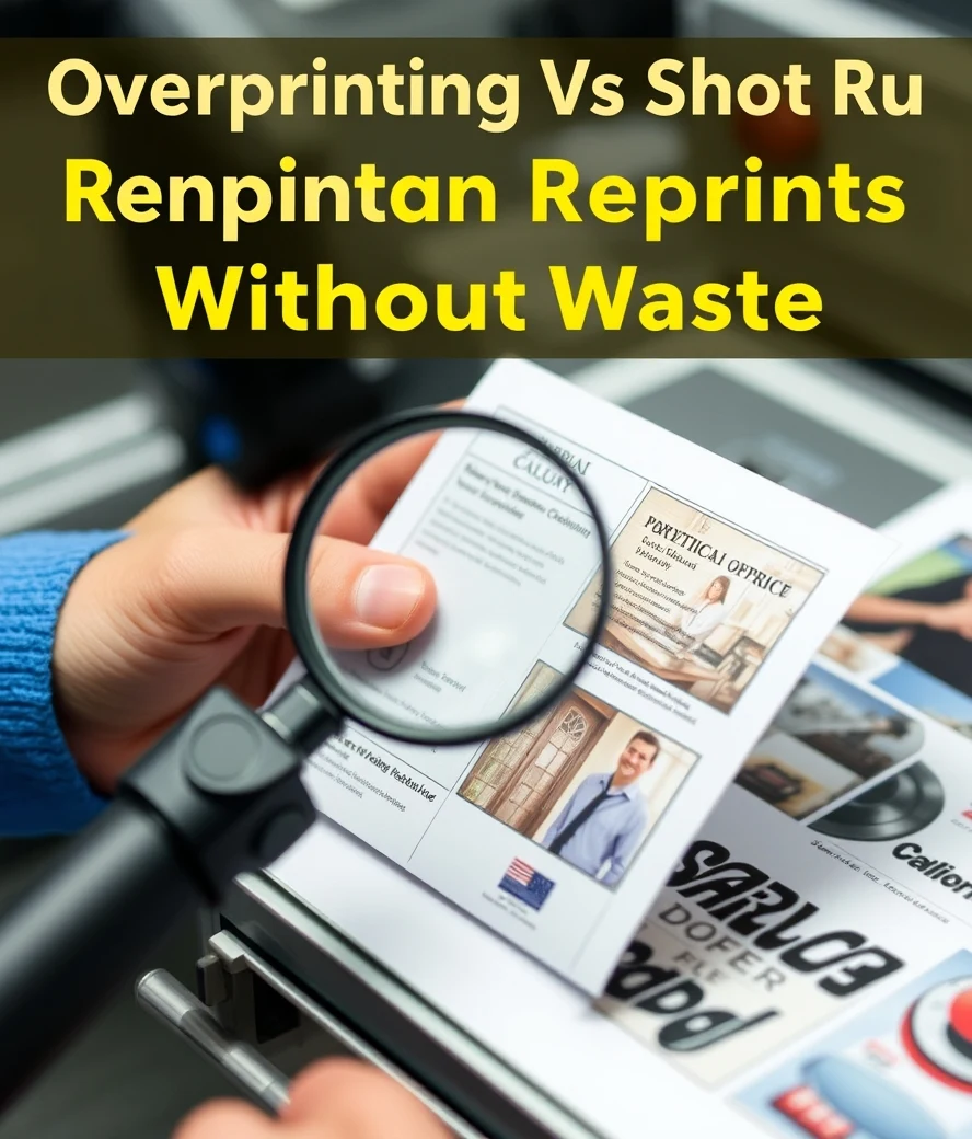 Overprinting Vs Short Run Reprints Without Waste: A Smarter Volume Plan: a postcard quality inspection with a loupe and sharp printed sample.